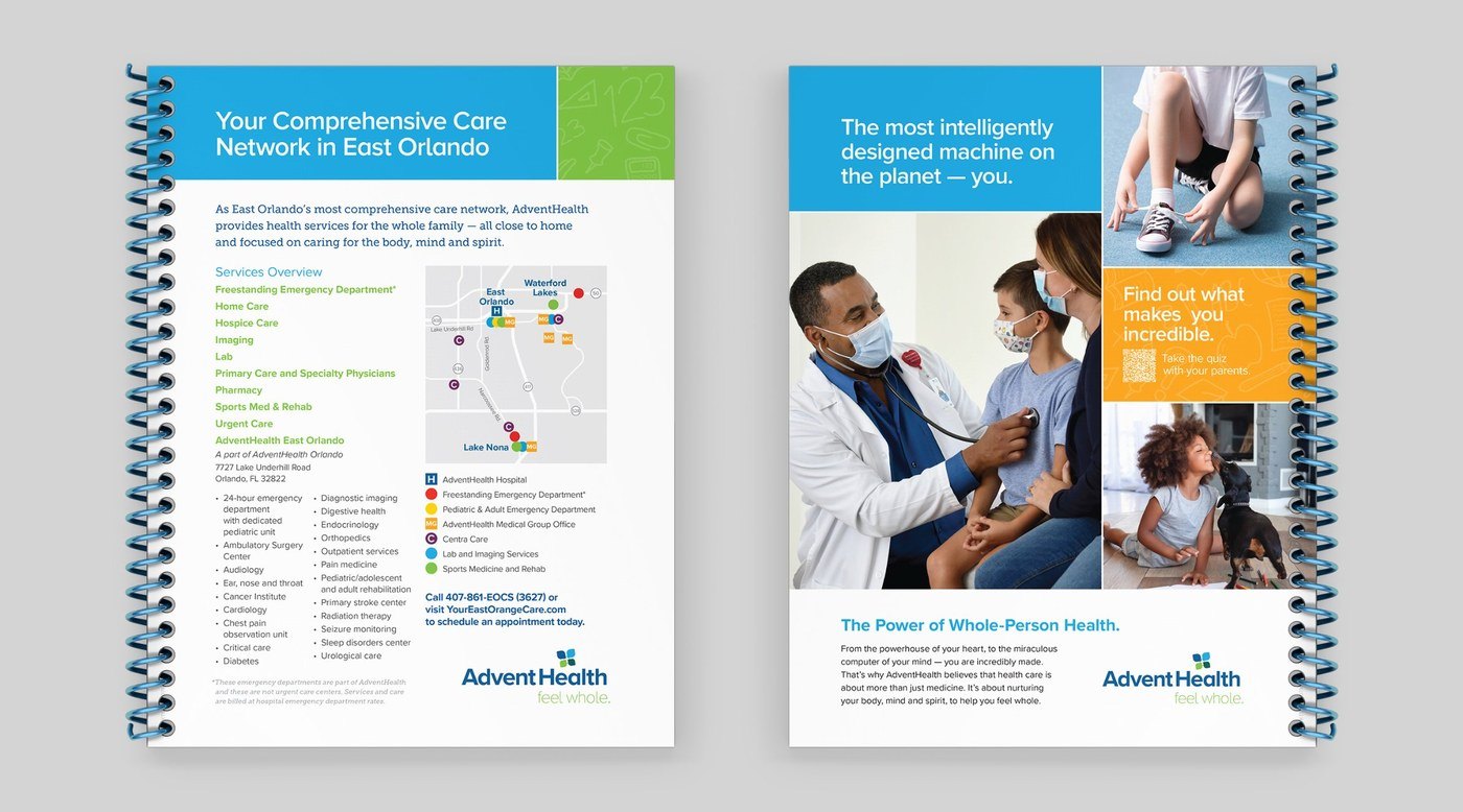 Planner inside back cover with an East Orlando care network map, and back cover with a whole-person health ad