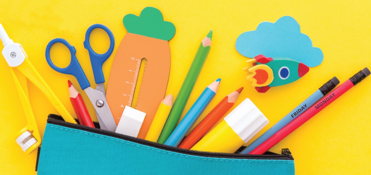 Colorful school supplies spilling from a teal pencil pouch, from an AdventHealth sponsored school planner cover