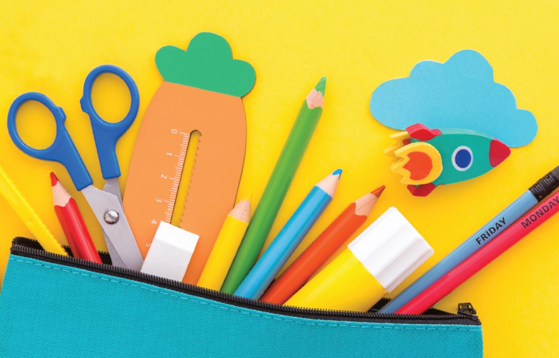 Colorful school supplies spilling from a teal pencil pouch, from an AdventHealth sponsored school planner cover