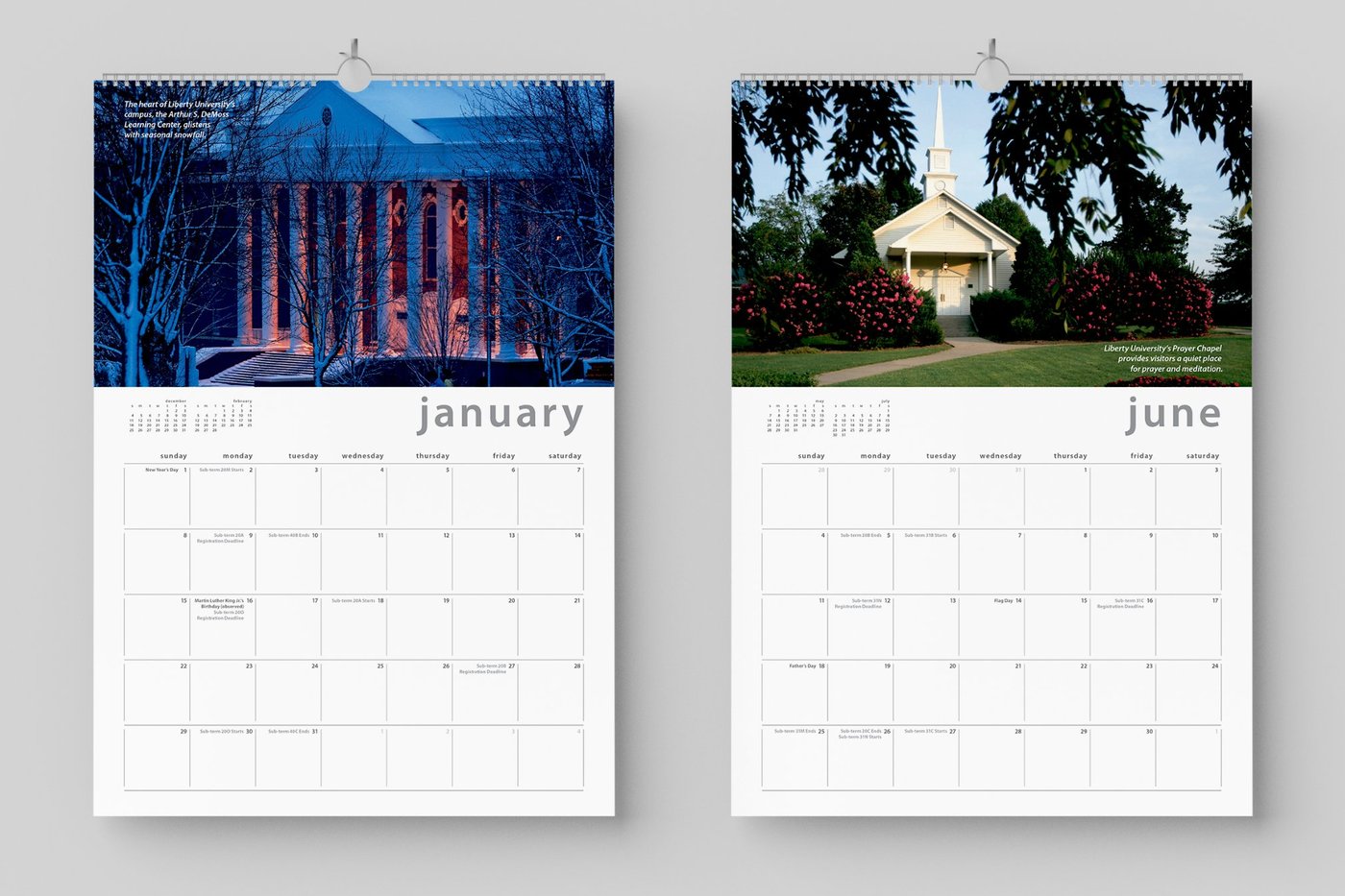 LU Online 2006 wall calendar, January and June pages with campus photography