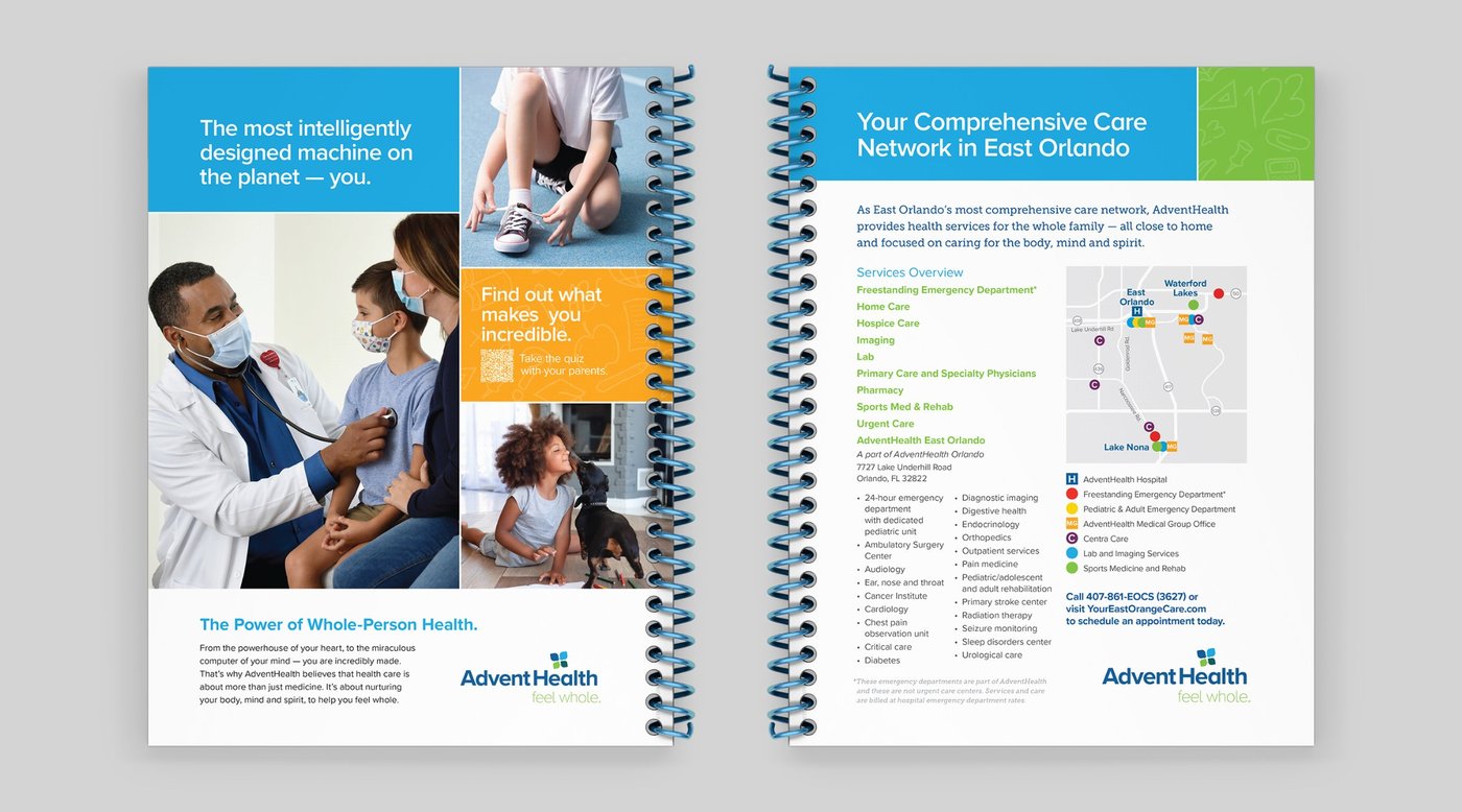 Planner back cover with a whole-person health ad, and inside back cover with an East Orlando care network map