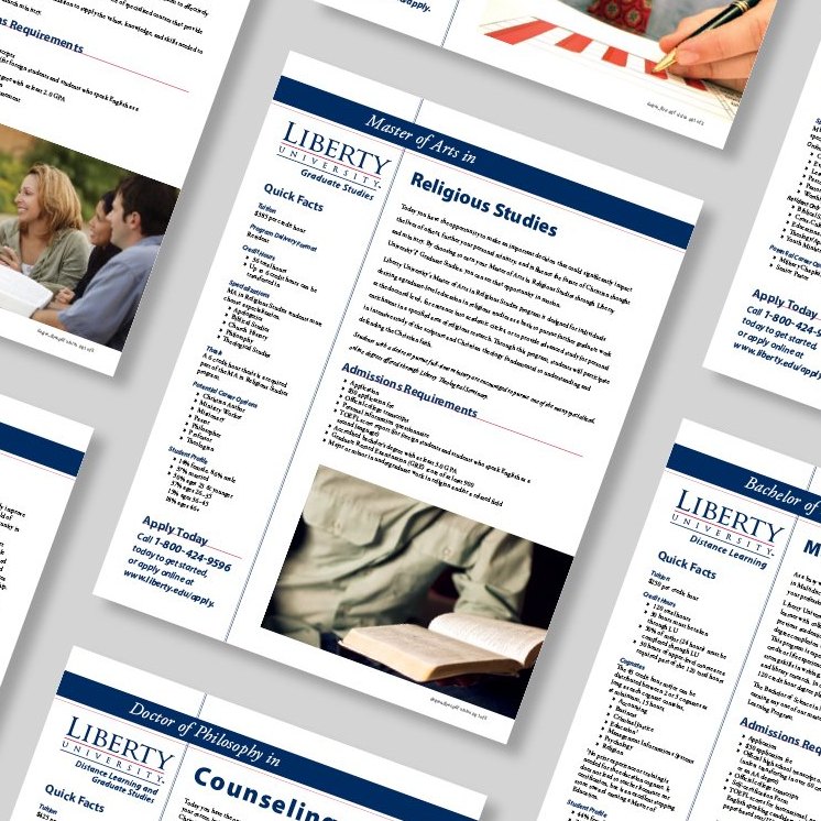 A spread of LU Online graduate and undergraduate degree program flyers