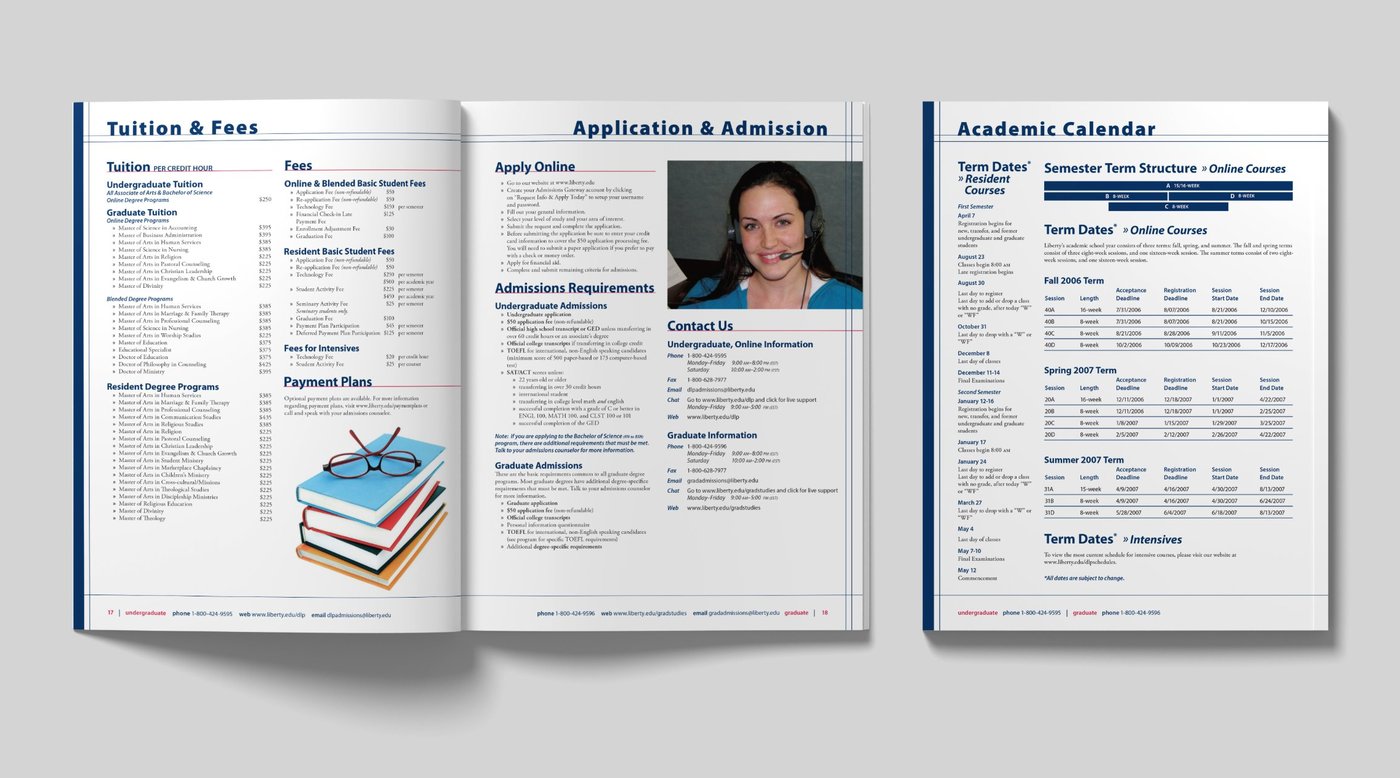 LU Online viewbook tuition and admissions spread and academic calendar back cover