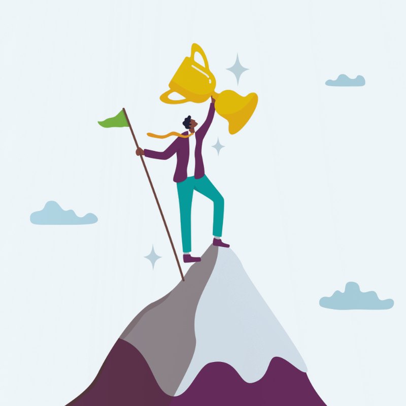 Illustration of a leader on a mountaintop holding up a trophy, from the Leadership Skills Workshops course catalog