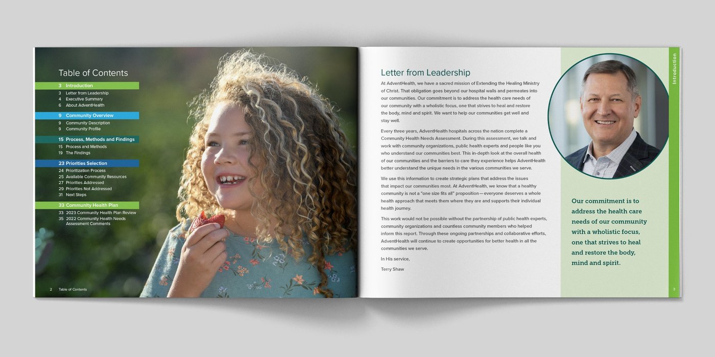 CHNA table of contents and letter from leadership spread