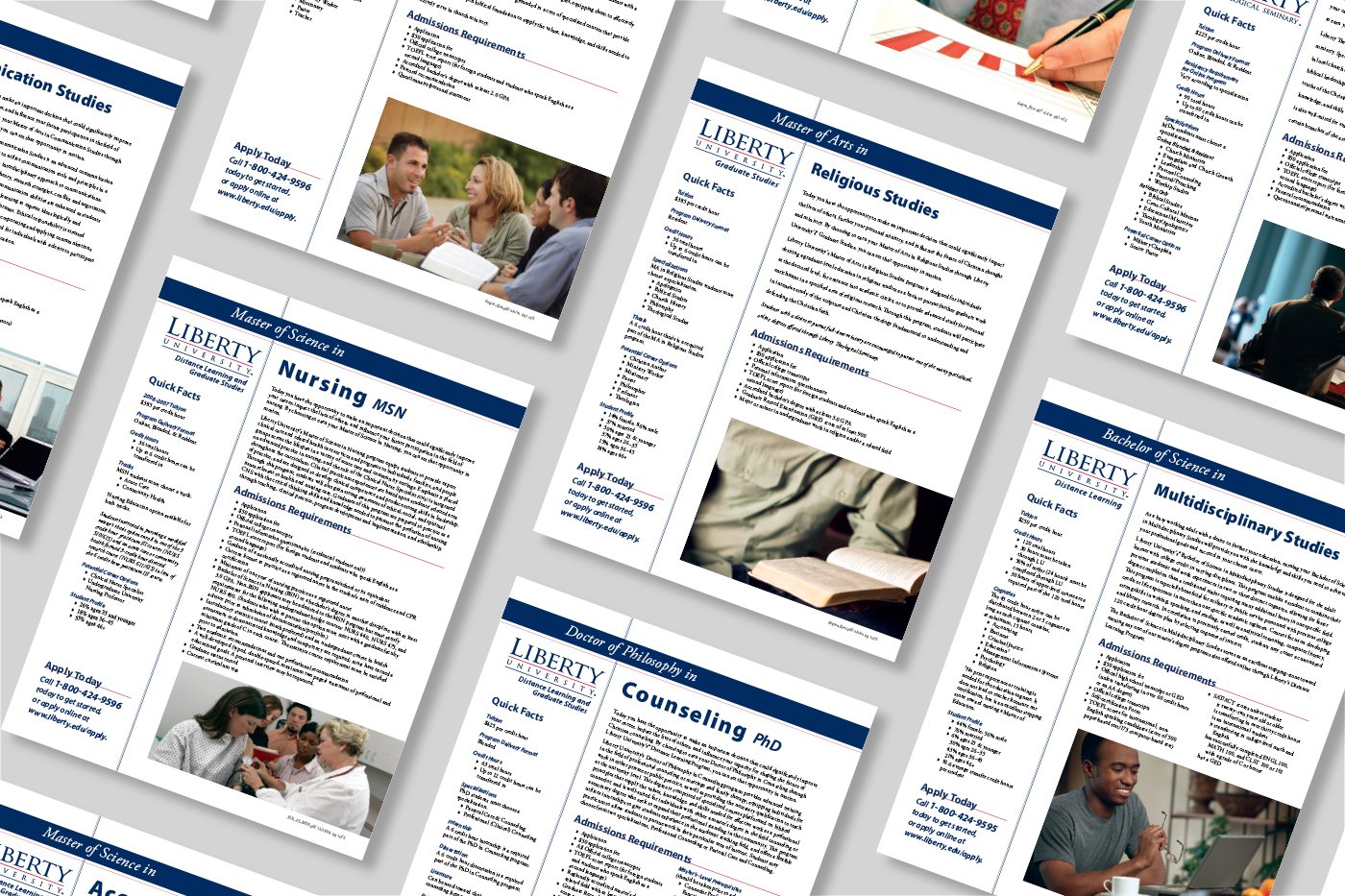 A spread of LU Online graduate and undergraduate degree program flyers