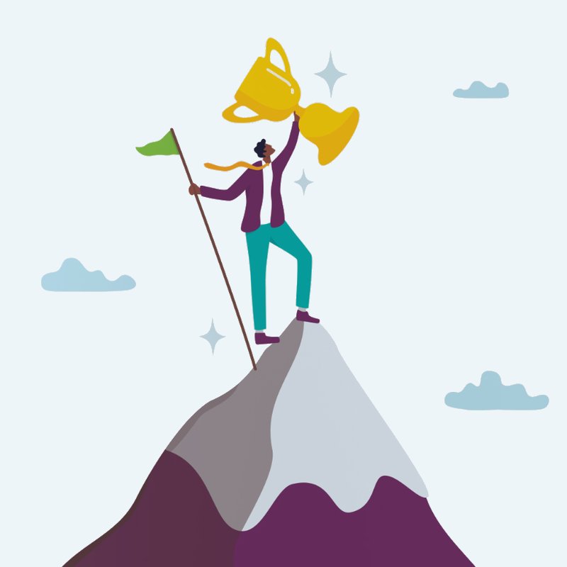 Illustration of a leader on a mountaintop holding up a trophy, from the Leadership Skills Workshops course catalog