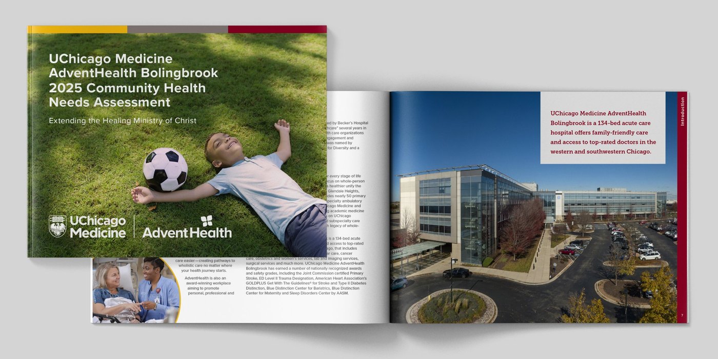 UChicago Medicine AdventHealth Bolingbrook Community Health Needs Assessment cover and introduction spread