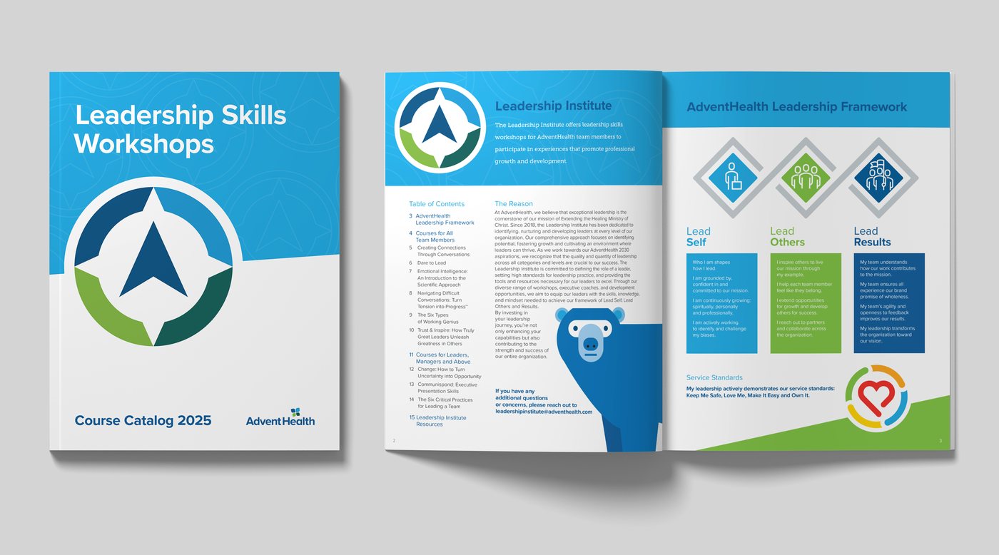 Course catalog front cover and Leadership Institute introduction spread